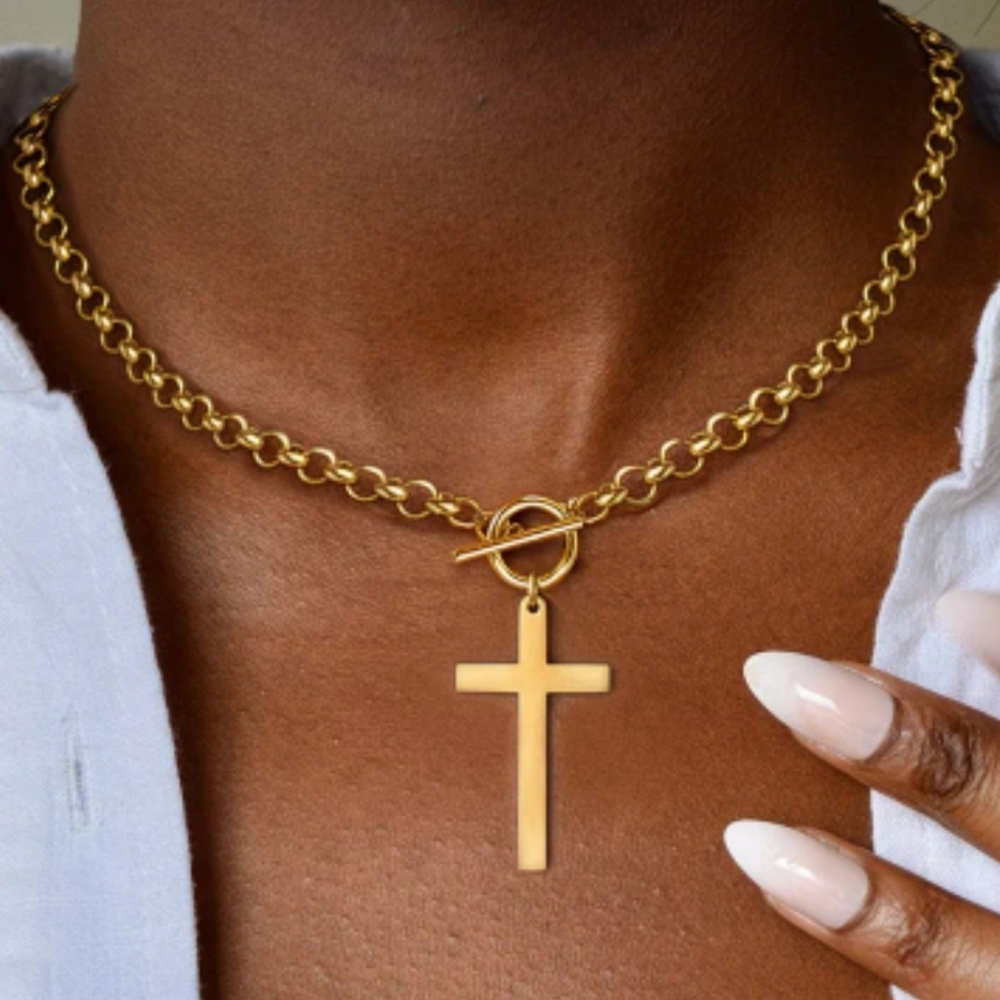 New Stainless Steel Cross Neckless 16in Gold